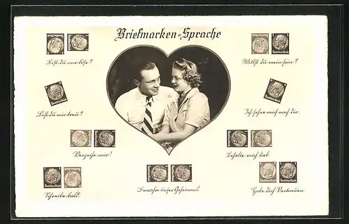 AK Briefmarkensprache, Schreibe bald, Bist du mir böse?, Willst du mein sein?, Junges Pärchen im Herz