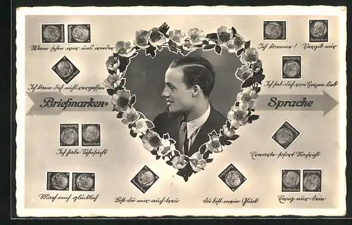AK Briefmarkensprache, Ich komme!, Vergib mir, Du bist mein Glück, Herr im Anzug im Herz mit Blumen