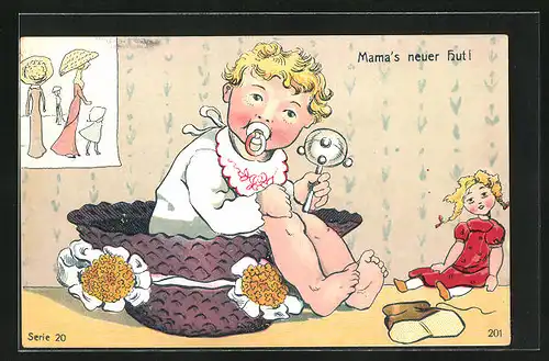 AK Mama`s neuer Hut!, Kind mit Rassel und Puppe