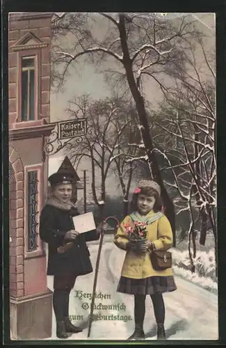 AK Kinder mit Brief am Postamt