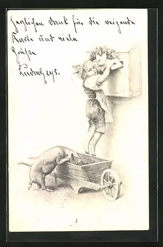 Künstler-AK Kind am Briefkasten mit Schwein und Schubkarre