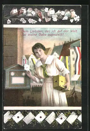 AK Dame mit Paket am Briefkasten