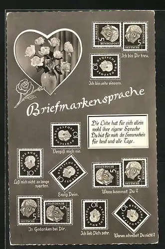 AK Erklärung der Briefmarkensprache, Rosen in Vase