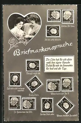 AK Erklärung der Briefmarkensprache, Liebespaar mit Blumen