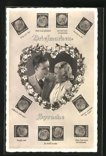 AK Erklärung der Briefmarkensprache, Liebespaar guckt sich an