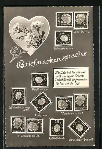 AK Erklärung der Briefmarkensprache, Blumen mit Blattgrün