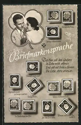 AK Erklärung der Briefmarkensprache, Liebespaar im Kleeblatt