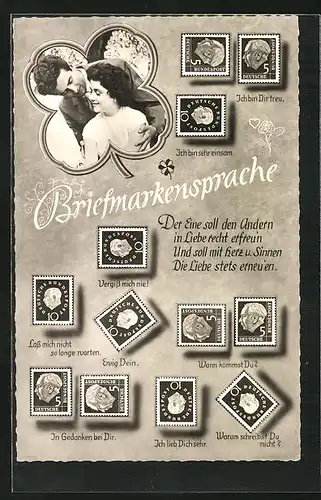 AK Erklärung der Briefmarkensprache, Liebespaar im Grünen