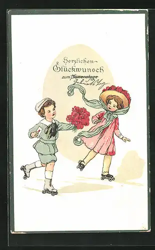 Präge-AK Kleines Liebespaar auf Rollschuhen