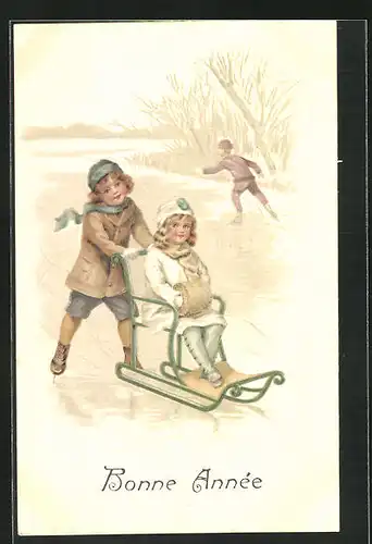 AK Kinder mit Schlitten beim Schlittschuhlaufen
