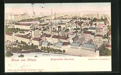 AK Pilsen /Plzen, Bürgerliches Bräuhaus aus der Vogelschau