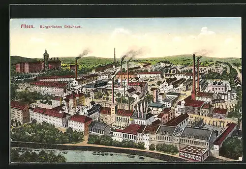 AK Pilsen /Plzen, Bürgerliches Bräuhaus aus der Vogelschau