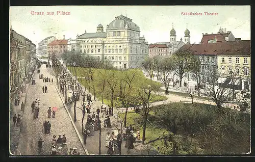 AK Pilsen /Plzen, Städtisches Theater mit Park