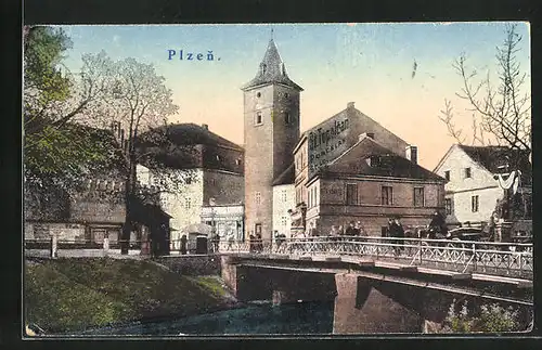 AK Plzen, Ortspartie mit Brücke