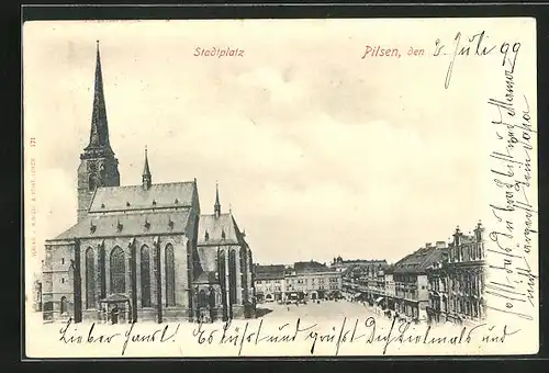 AK Pilsen, Stadtplatz mit Kirche