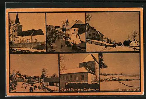 AK Cachrov /Ceska Sumava, Kirche, Strassenpartie mit Gebäudeansicht & Ortspartie im Winter