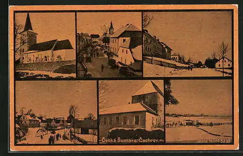 AK Cachrov /Ceska Sumava, Kirche, Strassenpartie mit Gebäudeansicht & Ortspartie im Winter