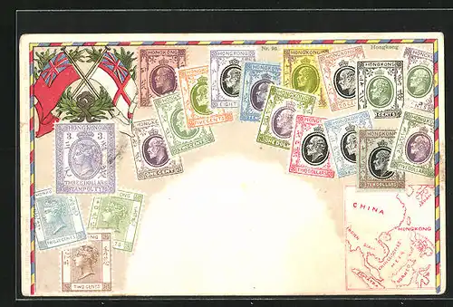 AK Briefmarken von Hongkong, Landkarte von China und Indonesien