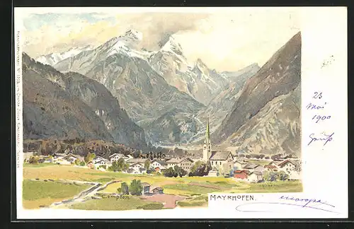 Künstler-AK Edward Theodore Compton: Mayrhofen, Ortsansicht gegen die Berge