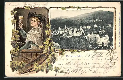 Passepartout-Lithographie Badenweiler, Ortsansicht aus der Vogelschau, Markgräflerin in Tracht