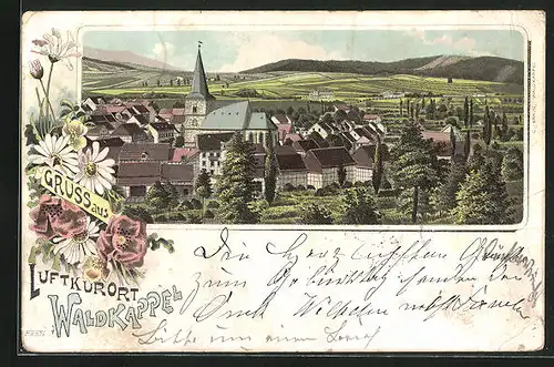 Lithographie Waldkappel, Panorama mit Kirche