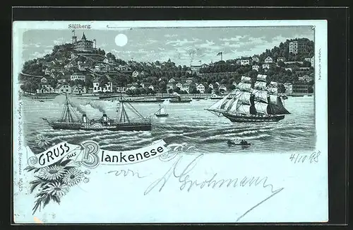 Mondschein-Lithographie Blankenese / Altona, Panorama mit Süllberg und Segelschiff