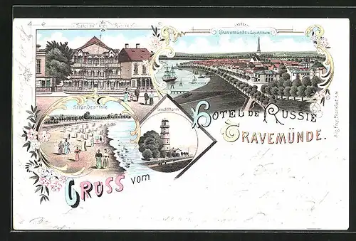 Lithographie Travemünde, Hotel de Russie, Leuchtturm, Strandpartie