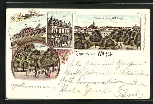 Lithographie Waren, Kietz-Allee, Bahnhof, Post