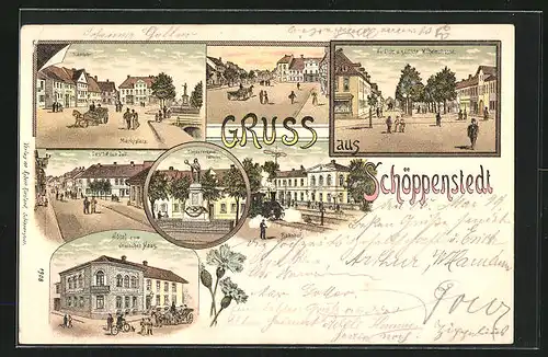 Lithographie Schöppenstedt, Gasthof zum Zoll, Hotel zum deutschen Haus, Bahnhof