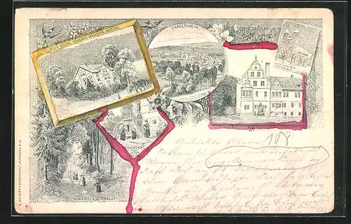 Vorläufer-Lithographie Bad Gandersheim, 1895, Höheres Mädchen-Institut Villa Valida, Abtei und Elisabethbrunnen