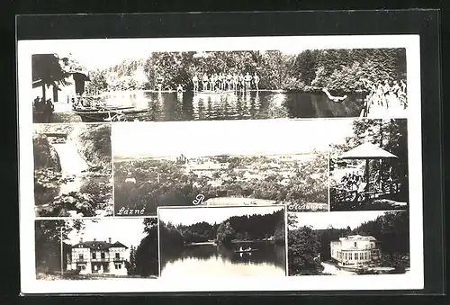 AK Rychnov n. Kn., Ortsansicht, Freibad, Wasserfall und Seepartie