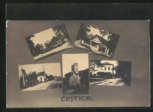 AK Cestice, Ortspartie, Strassenpartie und Denkmal