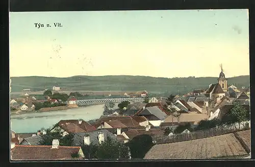 AK Týn n. Vlt., Ortsansicht mit Kirche und Brücke, Flusspartie