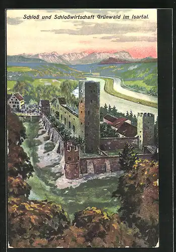 AK Grünwald im Isartal, Schloss und Schlosswirtschaft aus der Vogelschau