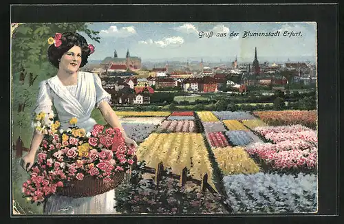 AK Erfurt, Ortsansicht und Blumenfelder