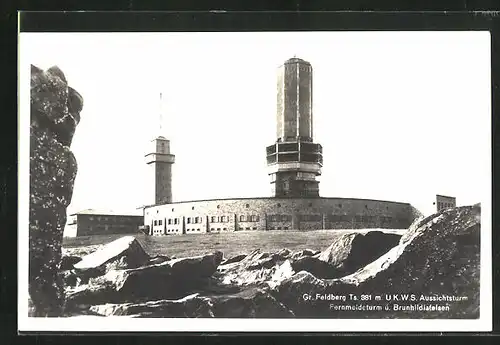 AK Grosser Feldberg / Taunus, Aussichtsturm, Fernmeldeturm und Brunhildisfelsen