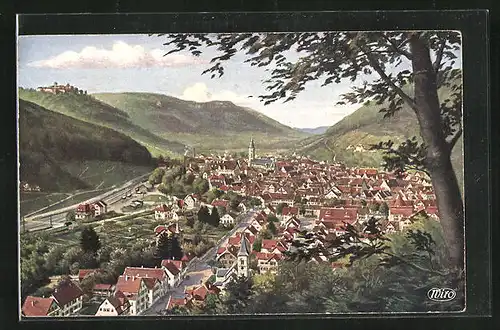 AK Urach, Ortsansicht mit Ruine Hohenurach