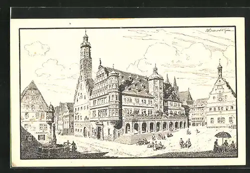 AK Rothenburg o. Tauber, Rathaus und Herterichbrunnen