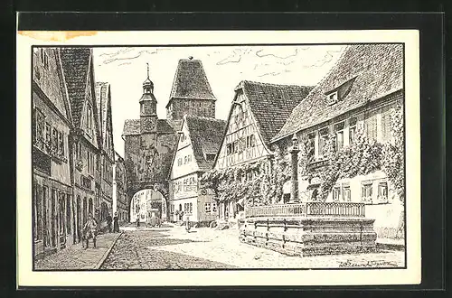 AK Rothenburg o. Tauber, Rödergasse mit Markusturm und Brunnen