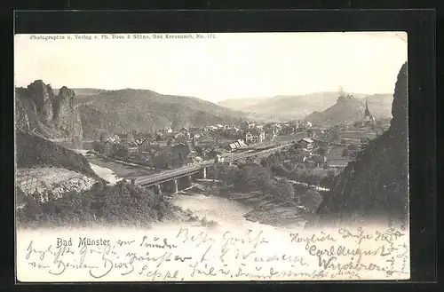 AK Bad Münster a. Stein, Flusspartie mit Brücke