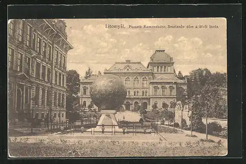 AK Leitomischl / Litomysl, Pomnik Komenského, Smetanuv dum a divci skola