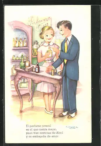 Künstler-AK Paar probiert Düfte in einer Parfümerie aus