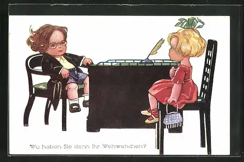 AK Wo haben Sie denn Ihr Wehwehchen?, Kinderpaar spielt einen Arztbesuch