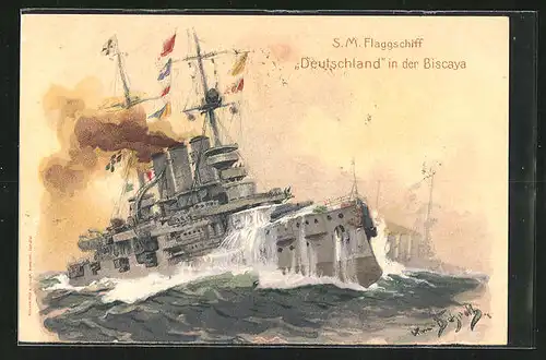 Künstler-AK Hans Bohrdt: S.M. Flaggschiff Deutschland in der Biscaya