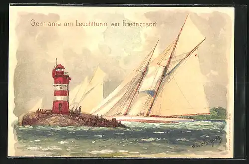 Künstler-AK Hans Bohrdt: Segelschiff Germania am Leuchtturm von Friedrichort