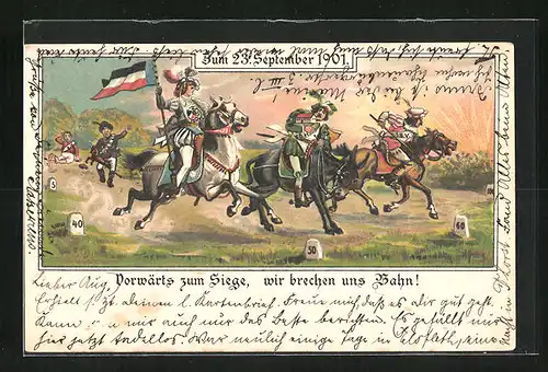 AK Vorwärts zum Siege, wir brechen uns Bahn!, 23. September 1901, Ritter mit Buch auf Pferd sitzend, VDH, DHV