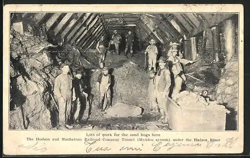 AK Strassenbauer beim U-Bahn-Tunnelbau unter dem Hudson River, The Hudson and Manhattan Railroad Company