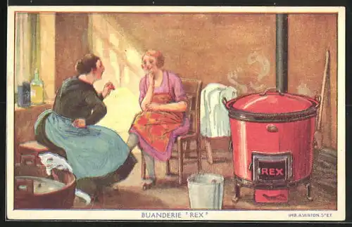 AK Buanderie Rex, zwei Hausfrauen unterhalten sich im Waschraum vor einem Heizofen