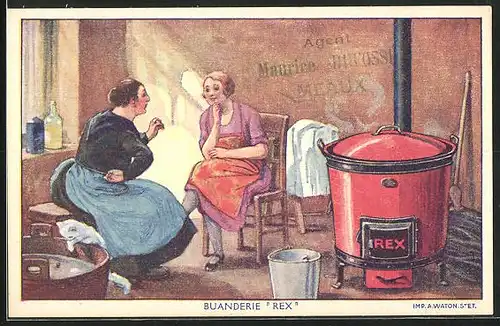 AK Buanderie Rex, zwei Hausfrauen unterhalten sich im Waschraum vor einem H