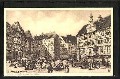 Künstler-AK Tübingen, Marktplatz mit Rathaus